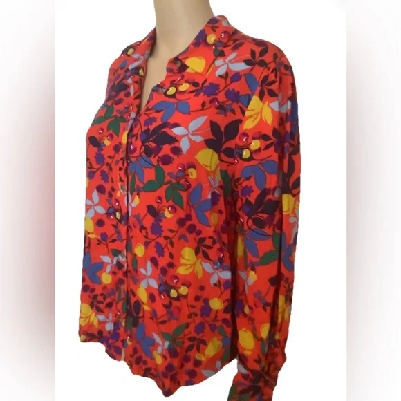 Maeve Red Floral Button-Down Shirt w/ Multicolor fruit Print Sz 12 - Picture 12 of 12